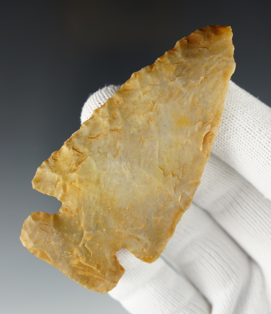 Steeply beveled 3 1/2" Archaic Thebes found in Robertson Co., Tennessee.  Bennett COA.