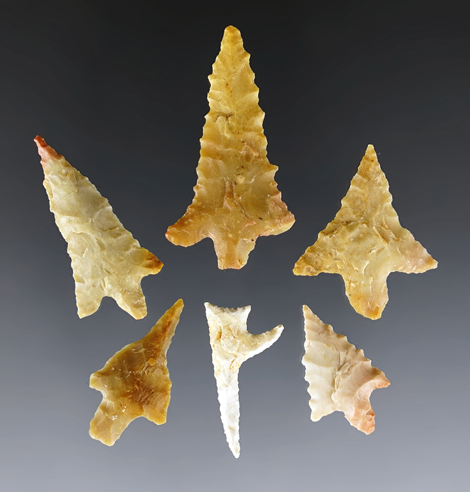 Set of 6 well flaked Texas Birdpoints. The largest is 1 1/2".