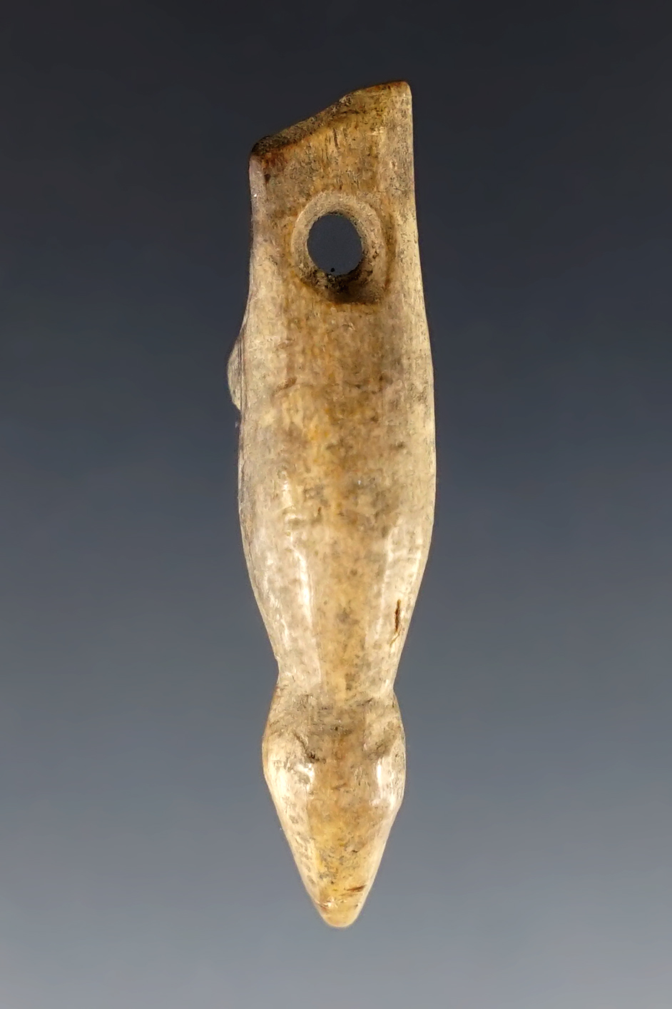 Rare! 1 1/2" long Drilled Bird Effigy that is well patinated. Found in Seneca, New York.
