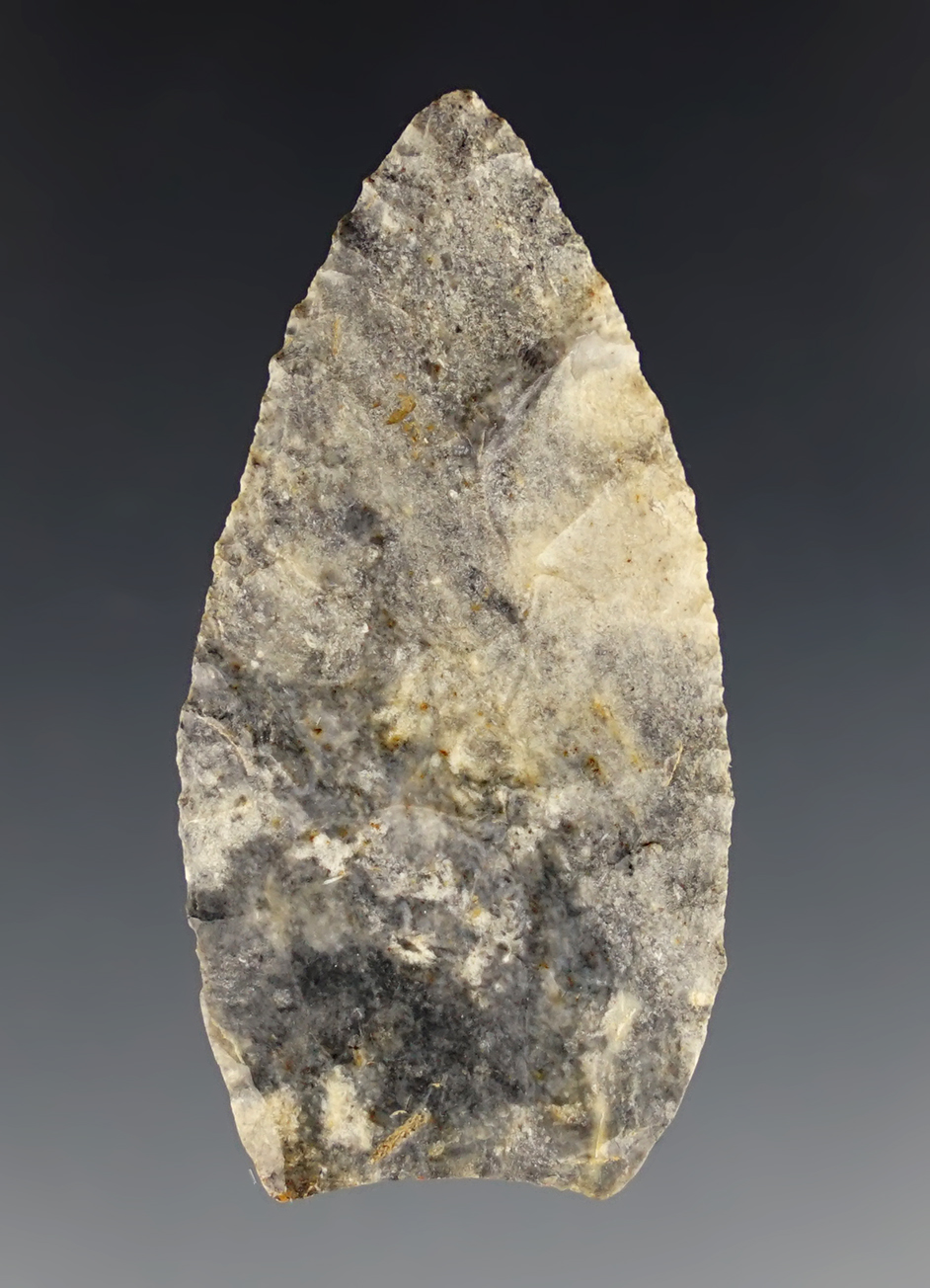 Thin 1 13/16" Fluted Paleo Dart point recovered in Mercer Co., Pennsylvania. Ex Rich Johnson.