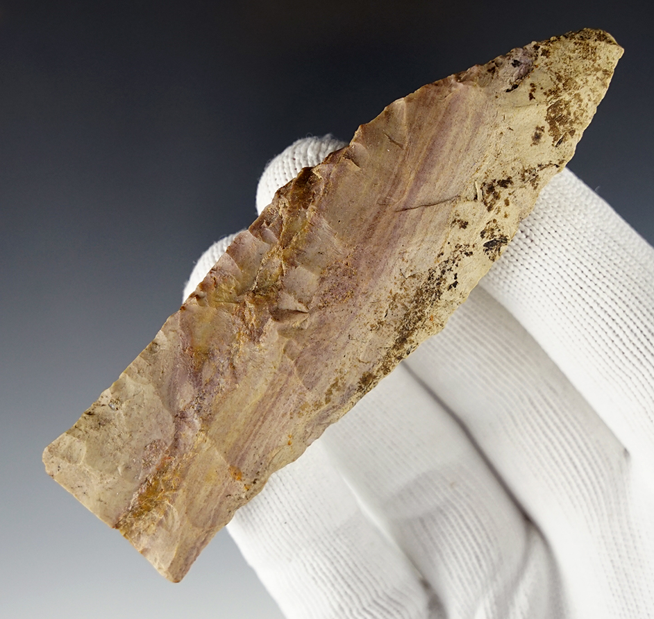 3 15/16" Kentucky Sedalia made from nicely colored banded chert. Shows age on the surface.