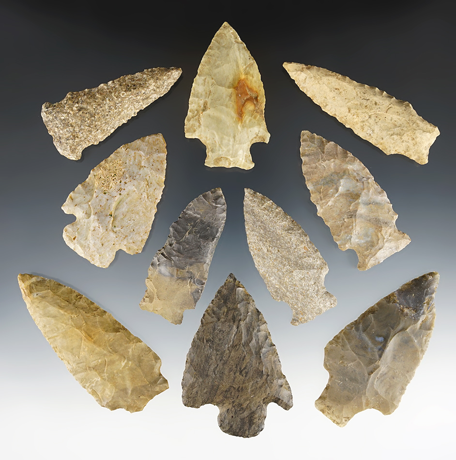 Set of 10 assorted Kentucky & Tennessee points in good condition. The largest is 3 1/16".