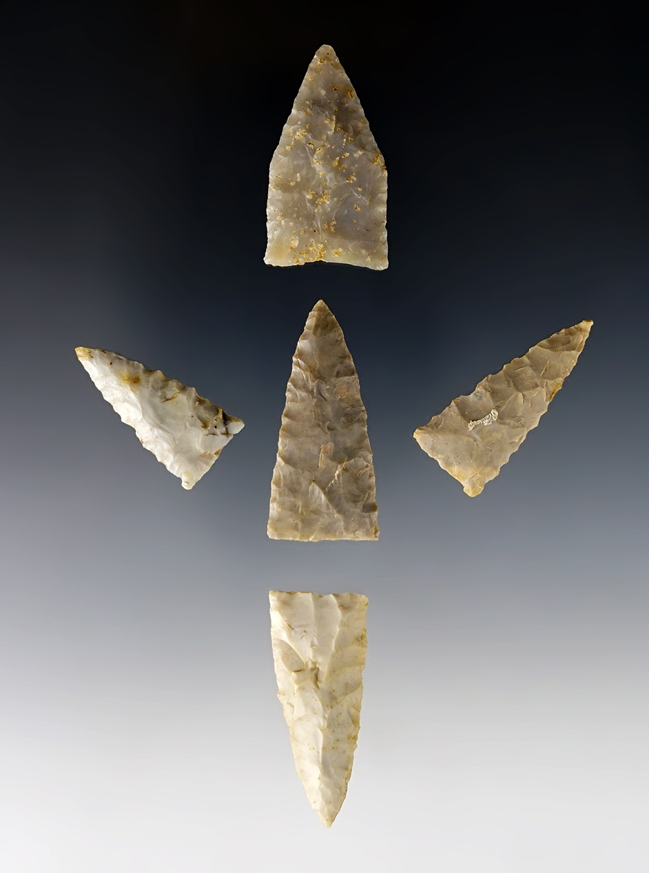 Set of 5 well made Triangle points found in Ohio. The largest is 1 1/2".