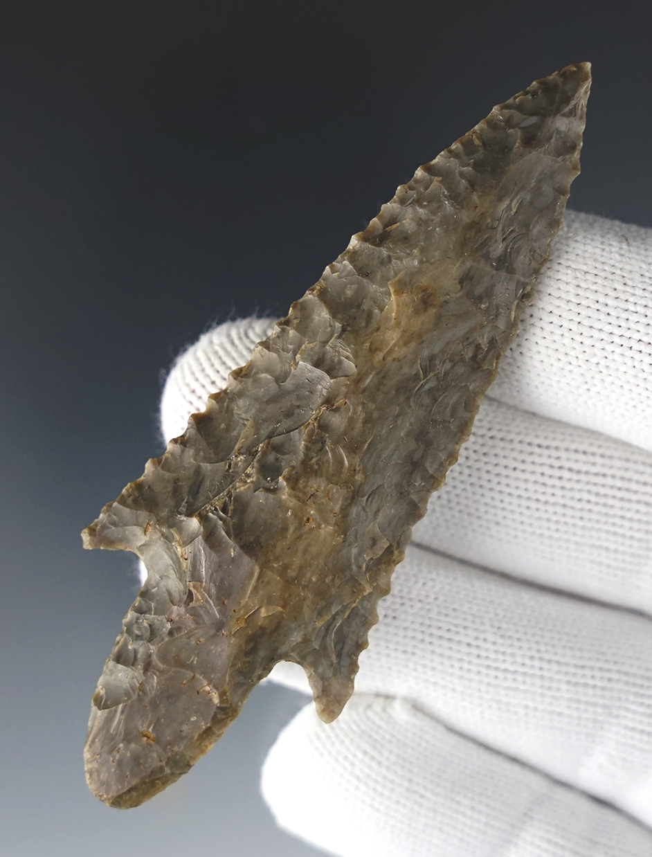 Fine 3 1/2" Adena with well defined shoulders and excellent form. Found in Mason Co., Kentucky.