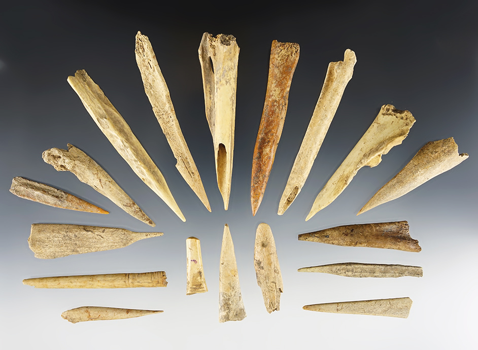 Set of 18 Bone artifacts found by Larry Dodge in Harrison, Spencer and Crawford Co., Indiana.