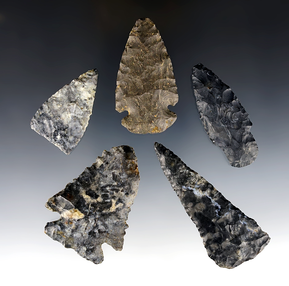 Set of 5 Ohio points made from Coshocton Flint. Includes a nice miniature Dovetail.