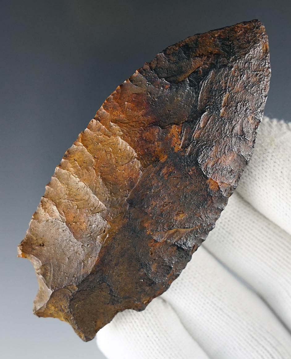 Deeply patinated 3 7/16" Savannah River made from Chert. Found in Florida. COA.