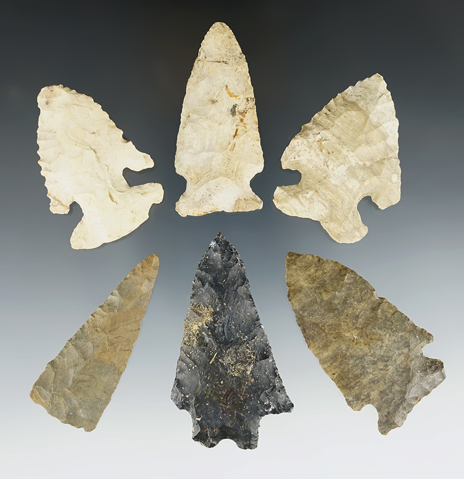 Set of 6 well made points found in Meigs Co., Ohio. The largest is 2 3/4".