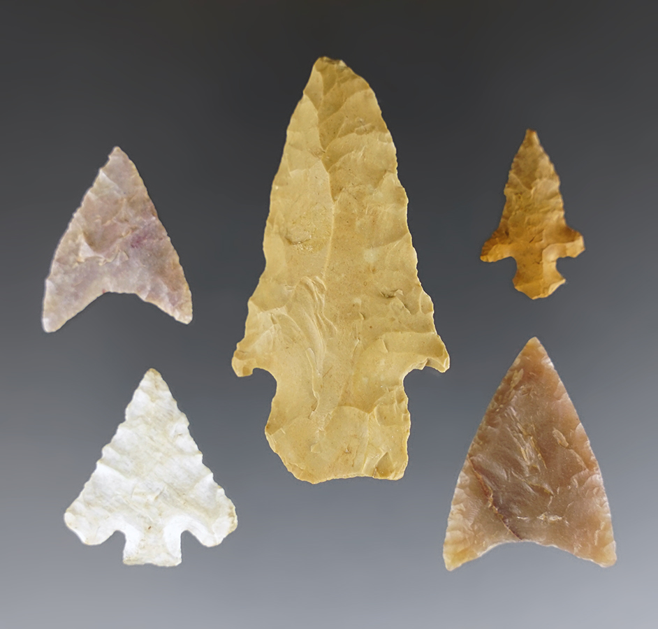 Set of 5 Texas/Arkansas area points. Four include Partain COA's. The largest is 1 15/16".