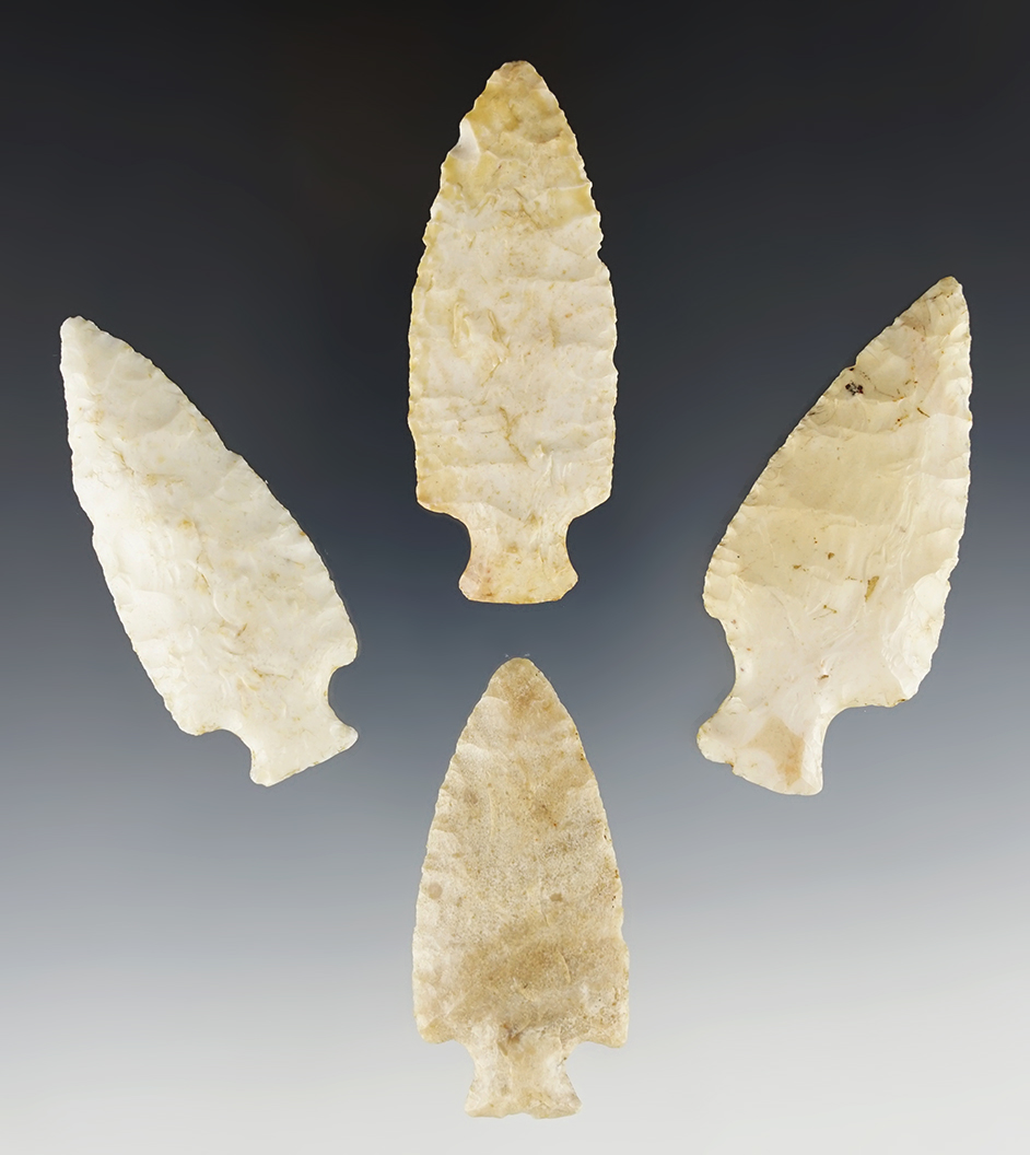 Excellent set of four Table Rock points found in Illinois. Includes a Dickey COA.