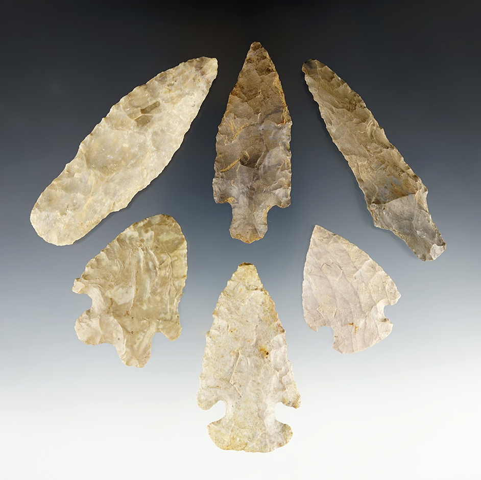 Set of 6 Kentucky/Tennessee/Indiana points. Adena, Thebes and a MacCorkle Bifurcate.