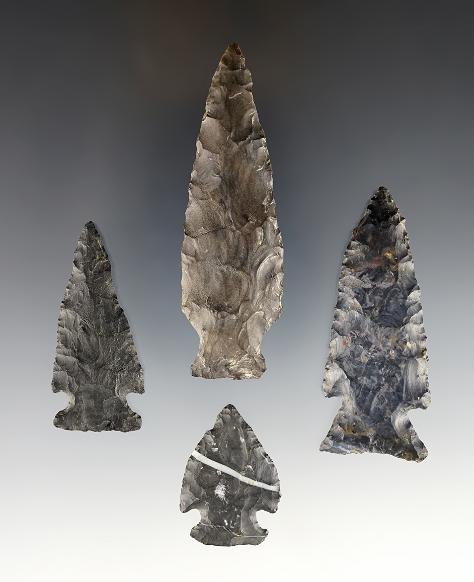 Set of four nice Ohio points made from Coshocton Flint. All include COA's.