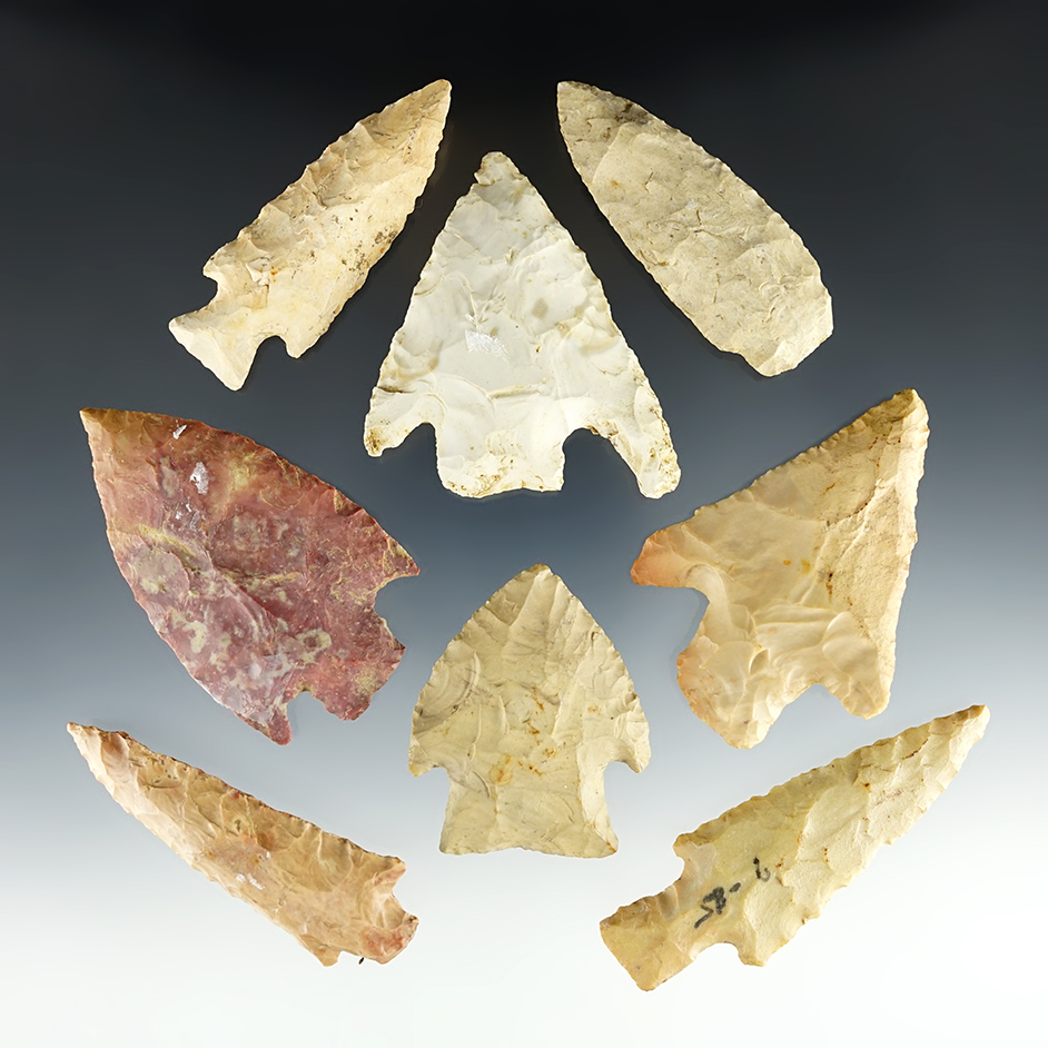 Set of 8 nicely made points found in Arkansas. The largest is 3 3/16".