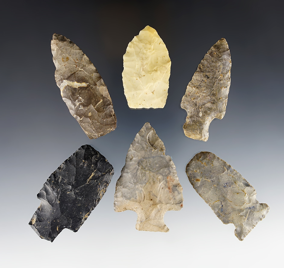 Set of 6 assorted Ohio points including a Bottleneck and 2 Hafted Scrapers.