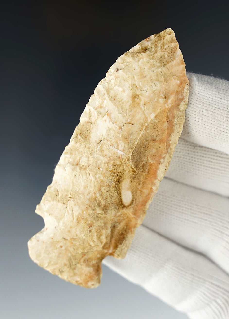 3 5/16" Gibson found in Carroll Co., Missouri. Made from pink and cream Chert. COA.
