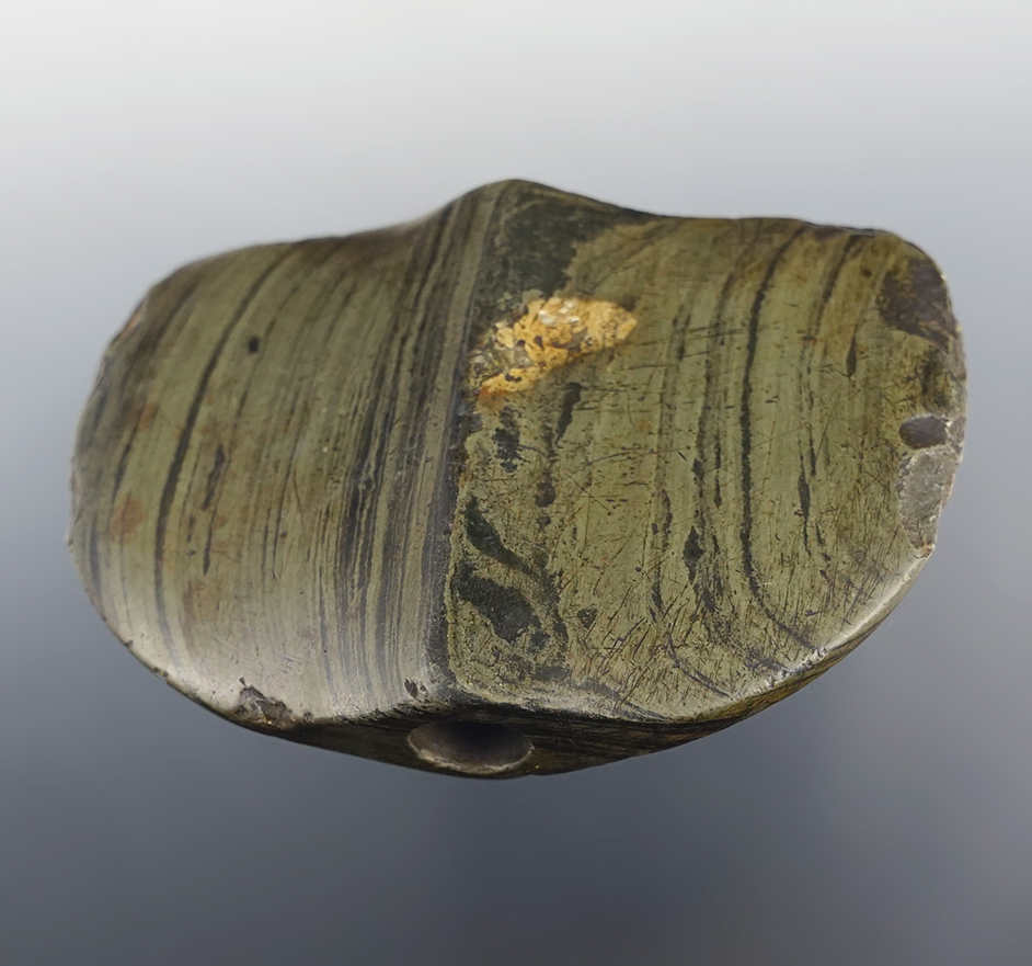 3 1/2" wide Wing Bannerstone found in Hancock Co., Indiana. COA, G-8.