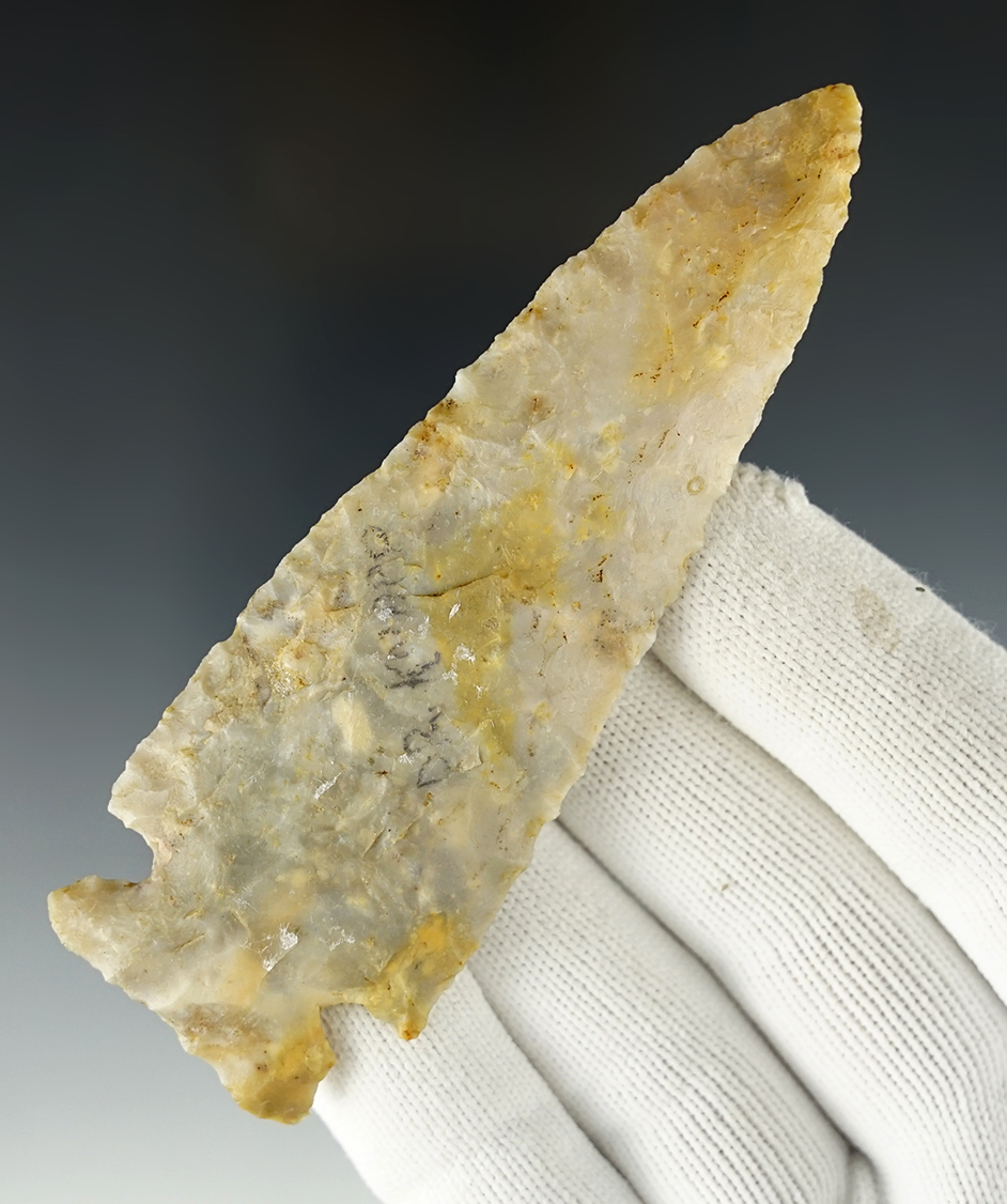 4 1/4" Cornernotch made from Flint Ridge Flint. Found in Fairfield Co., Ohio. COA.
