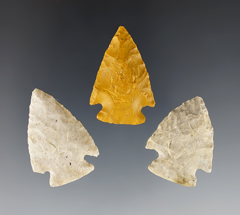 Set of three Pelican Lake points found in Wyoming. Ex. Greg Perino. Largest is 1 5/16".