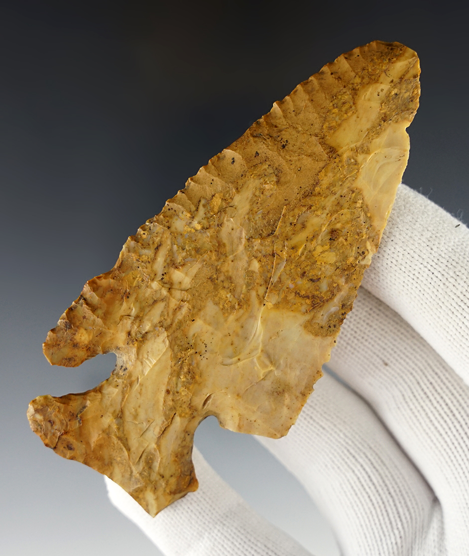 4 1/16" thin and well styled Archaic Thebes. Found in Delaware Co., Ohio, in the 1950's.