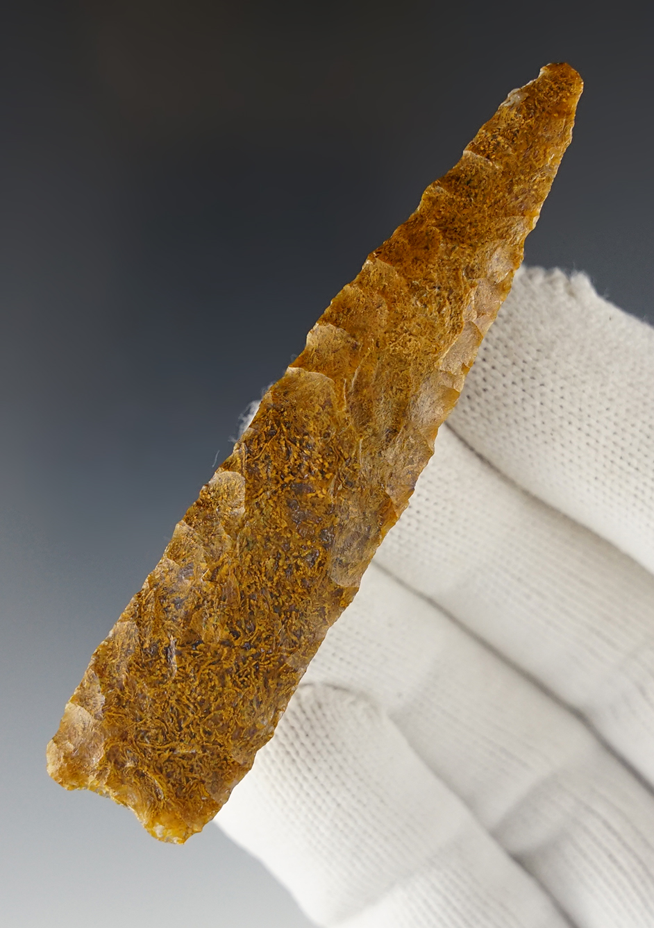 3 5/16" McKean made from Moss Agate. Found in Pierce Co., Wisconsin. Pictured. COA.