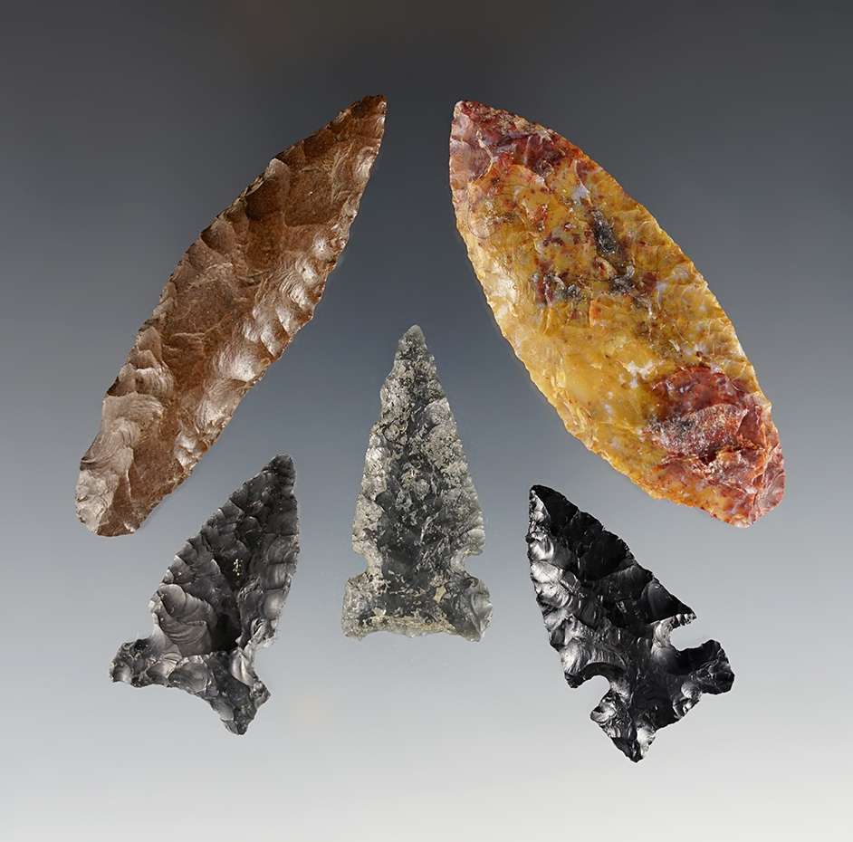 Set of 5 well flaked Oregon points. The largest is 2 5/8".