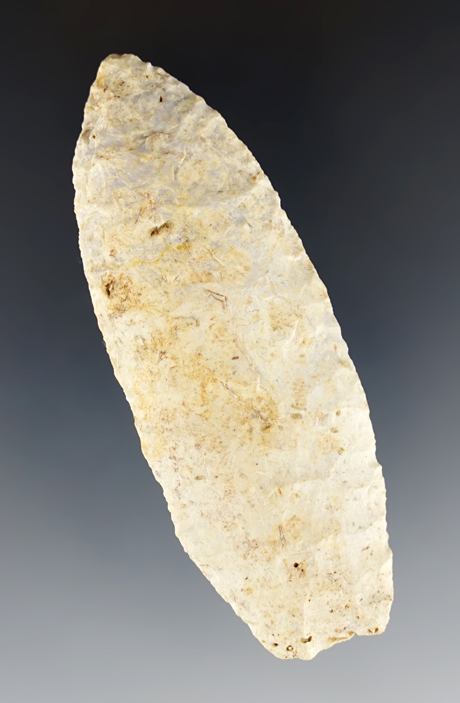 3 1/4" Karnak Stemmed point found in Peoria Co., Illinois. Burlington Chert. Perino COA.