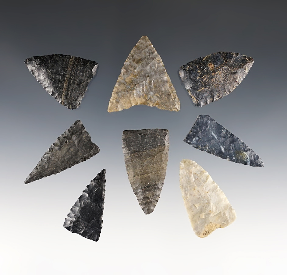 Set of 8 Ohio Triangle points, most are in excellent condition. The largest is 1 9/16".