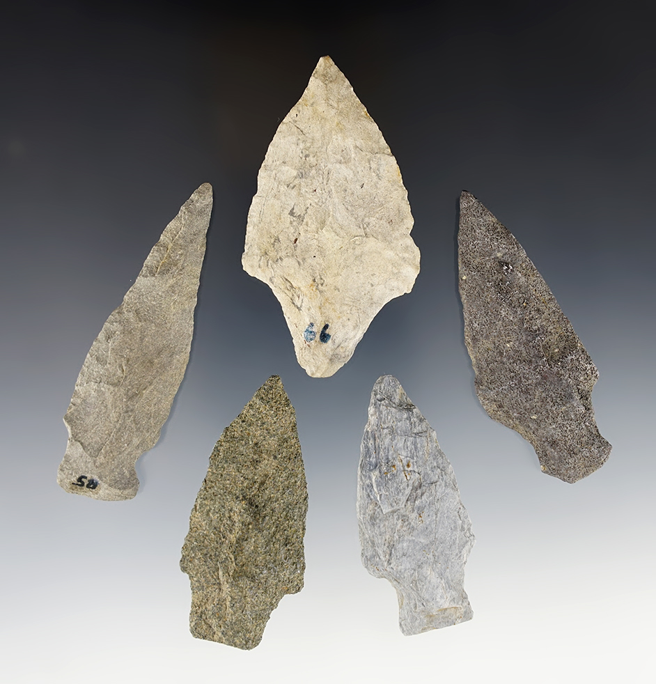 Set of 5 nice Pennsylvania points in good condition. The largest is 3 1/16".