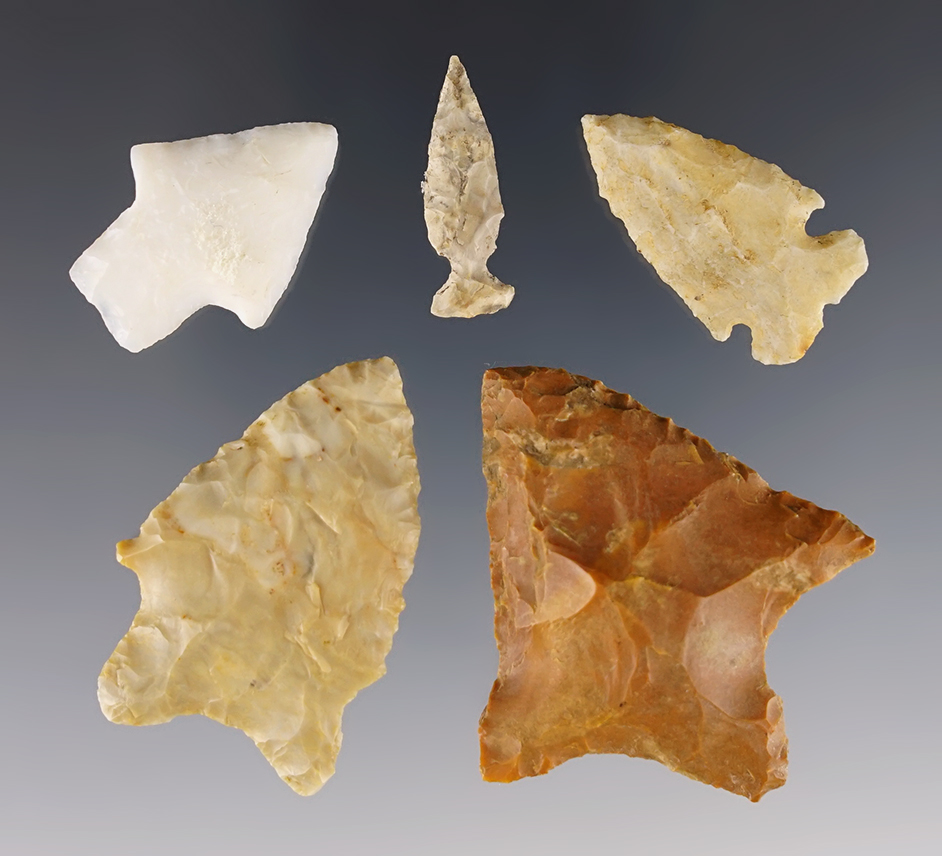 Set of 5 Texas/Arkansas area points. Each includes Partain COA's. The largest is 1 7/8".