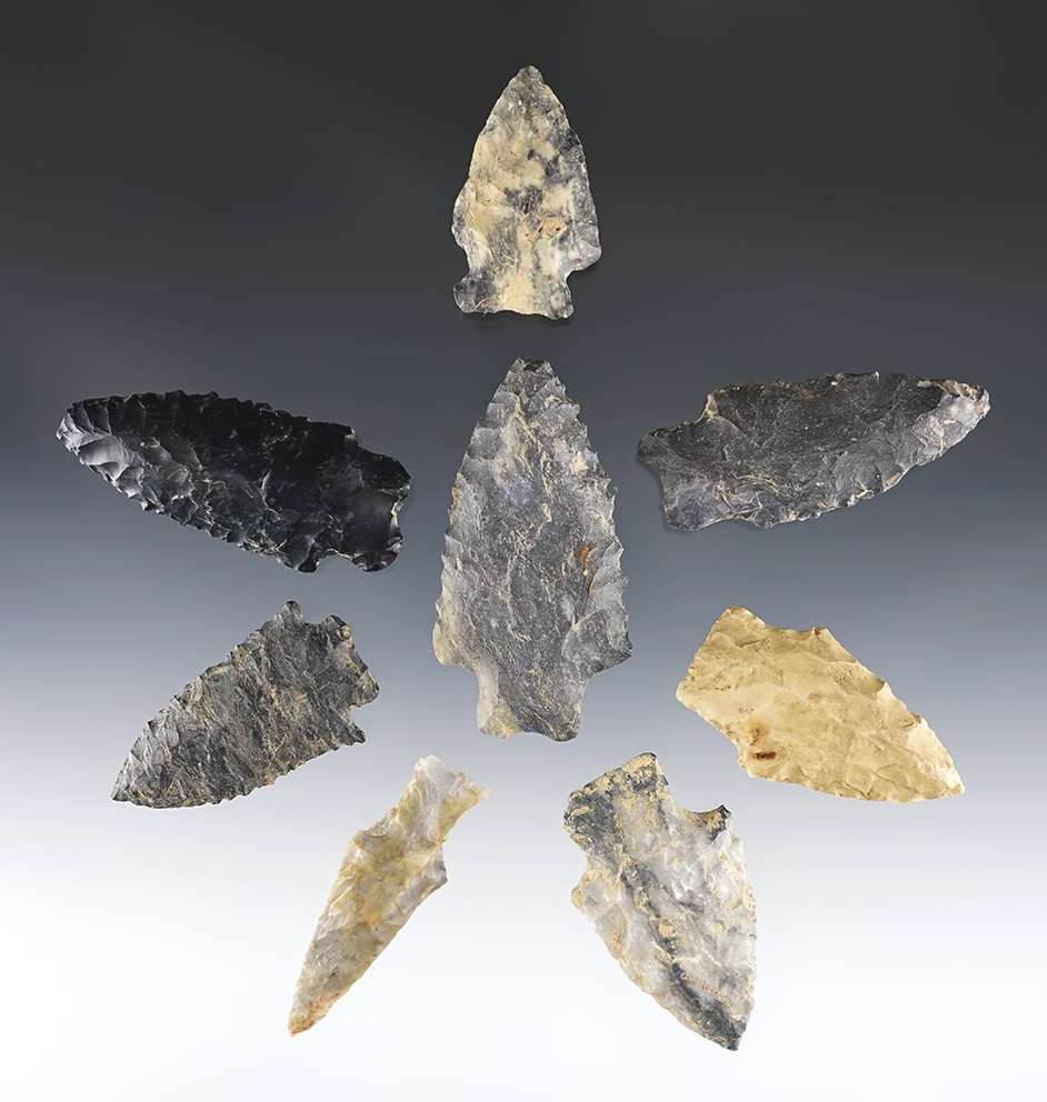 Set of 8 nicely made Ohio points found by Larry Morris. The largest is 2 7/16".