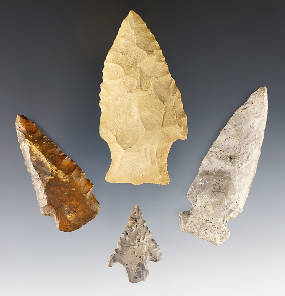 Set of four Florida area points including a well made Sidenotch. The largest is 3 3/16".