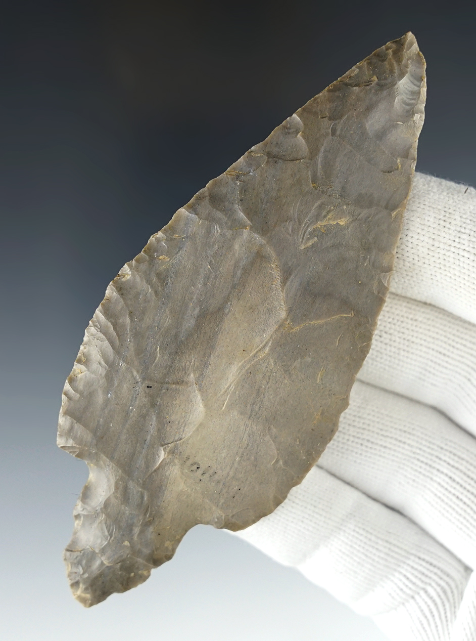 4 7/16" Turkeytail made from patinated Hornstone. Found in Union Co., Ohio. COA.