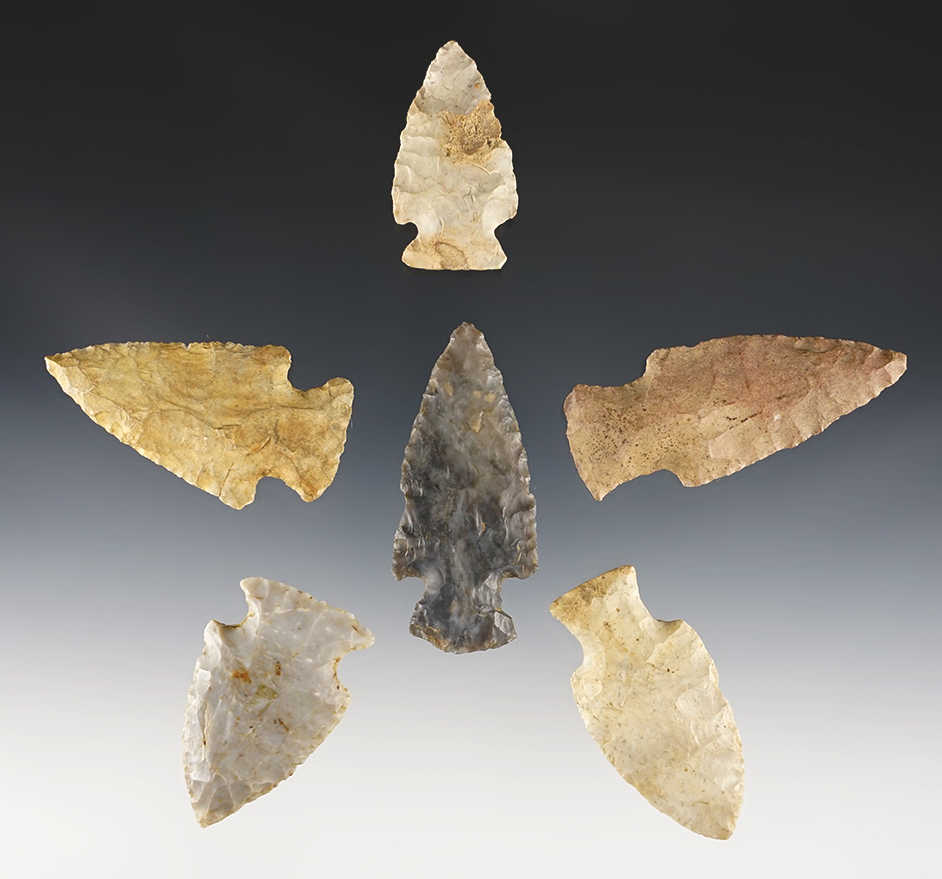 Set of 6 Ohio Hopewell points in nice condition. The largest is 2 1/2".