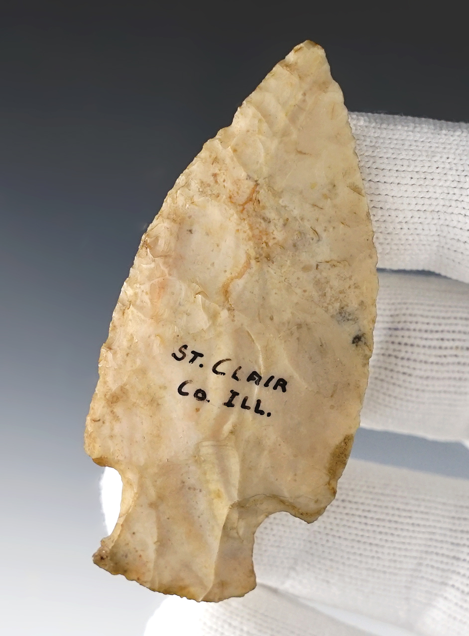 Nice 2 15/16" stemmed point found in St. Clair Co., Illinois by Doug Lay. Dickey COA.