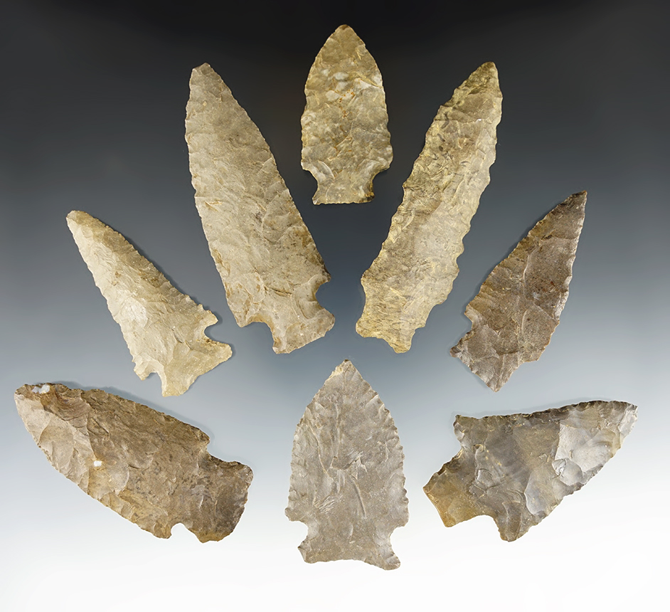 Set of 8 assorted Knives & Points found in Davidson Co., Tennessee. The largest is 3 5/8".