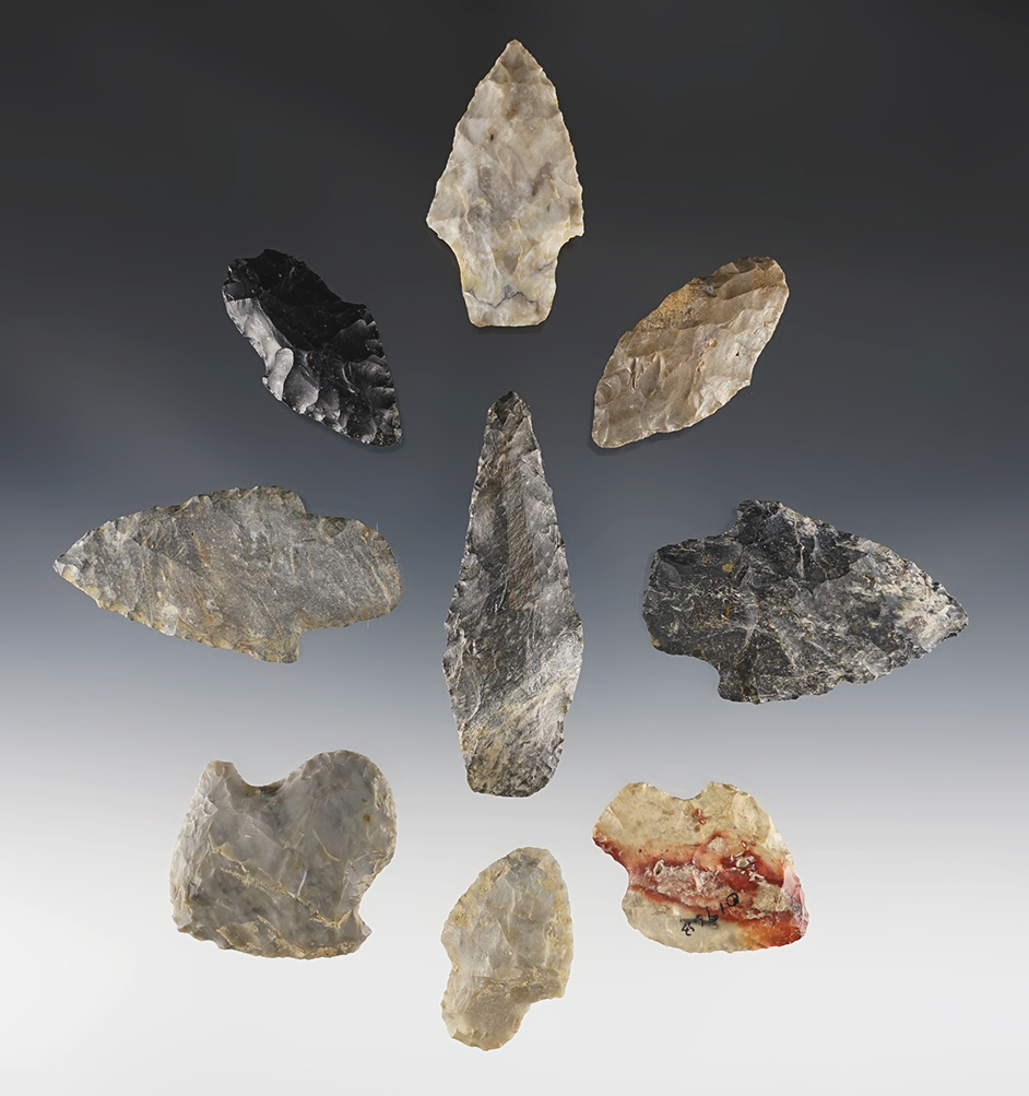 Set of 9 Ohio Adena points in good condition. The largest is 2 3/4".