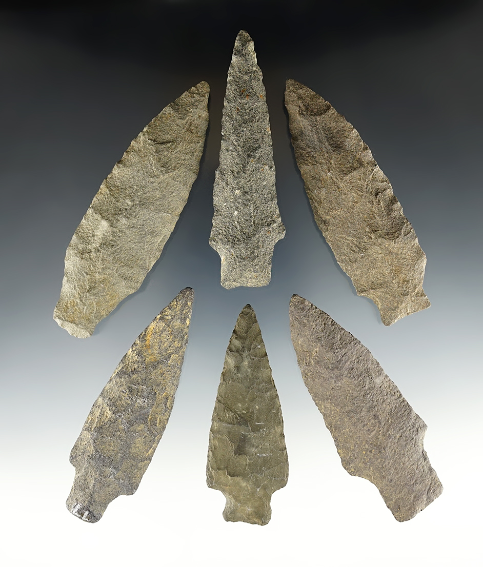 Set of 6 well patinated points found in Montour Co., Pennsylvania. The largest is 4".