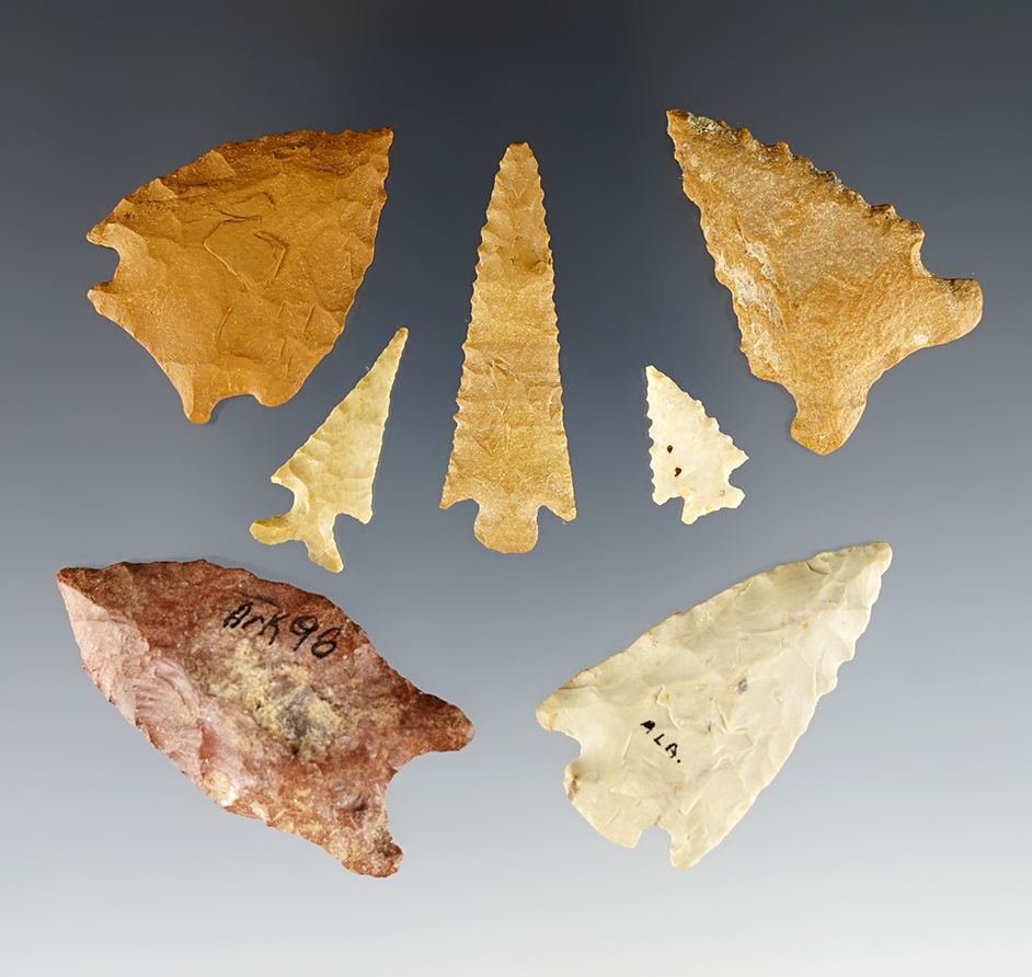 Set of 7 assorted points with letters of provenance from Greg Perino's son, Robert.