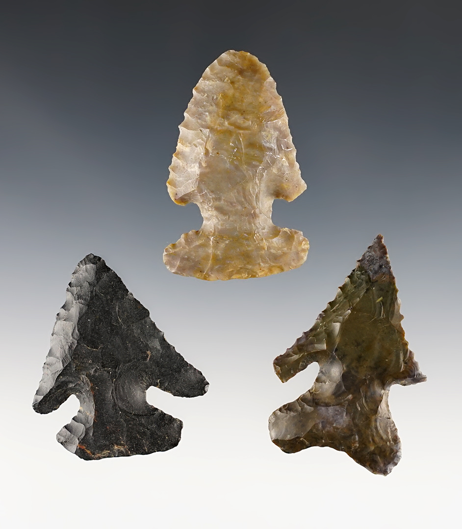 Set of three classic Ohio Archaic Thebes in good condition. The largest is 2 1/8".