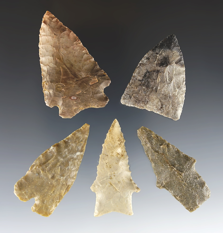 Set of 5 Texas points in good condition. Two are Ex. Perino. The largest is 2 3/16".