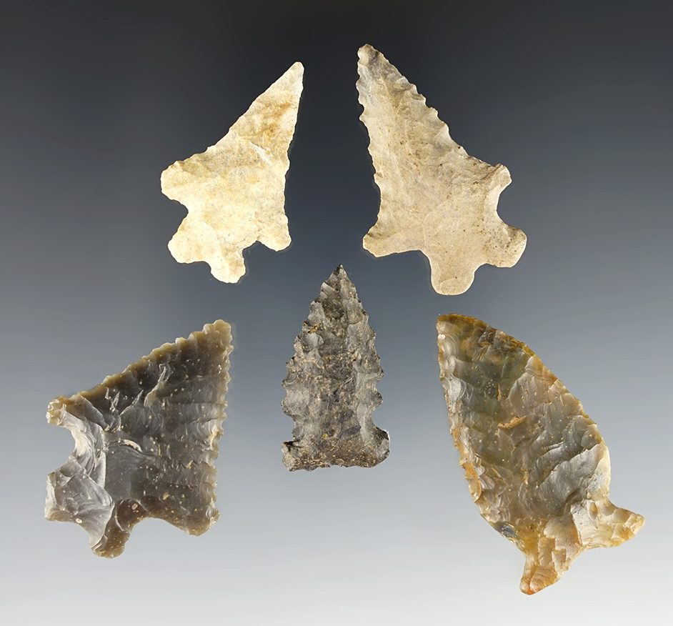 Set of 5 points found in Kentucky and Indiana. Includes three nice Bifurcated points.
