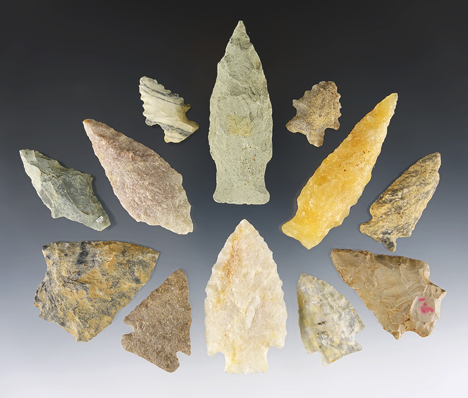 Set of 12 nice points found in Bertie Co., North Carolina. The largest is 2 7/8".
