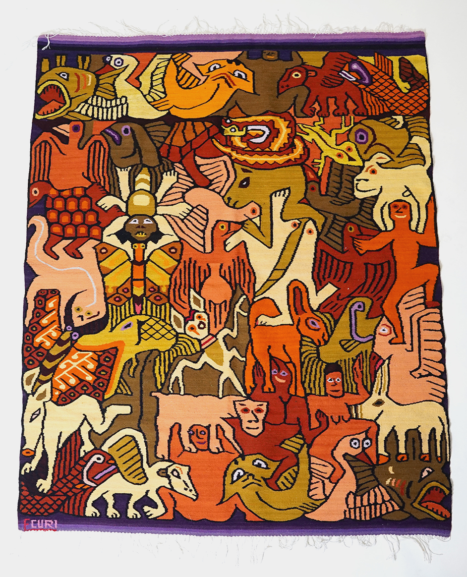 Contemporary 47" wide x 58" long Rug featuring Precolumbian images.