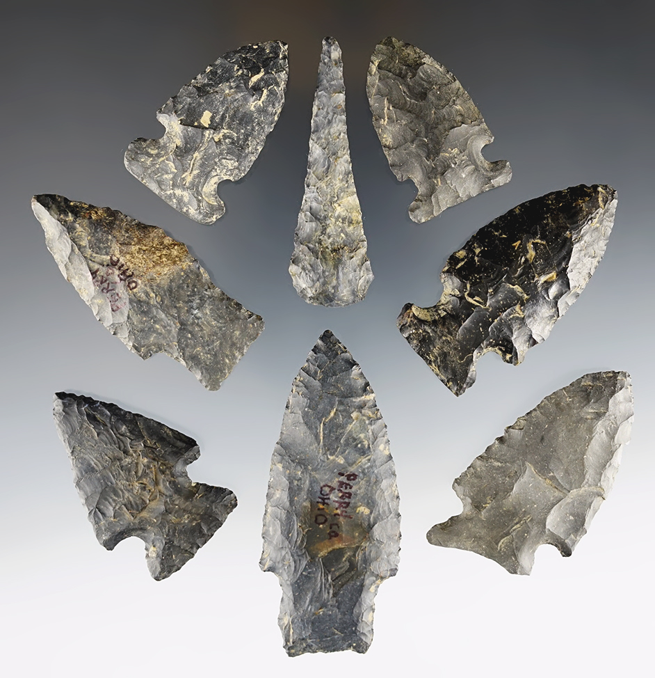 Set of 8 Ohio points made from Coshocton Flint. The largest is 2 7/8".