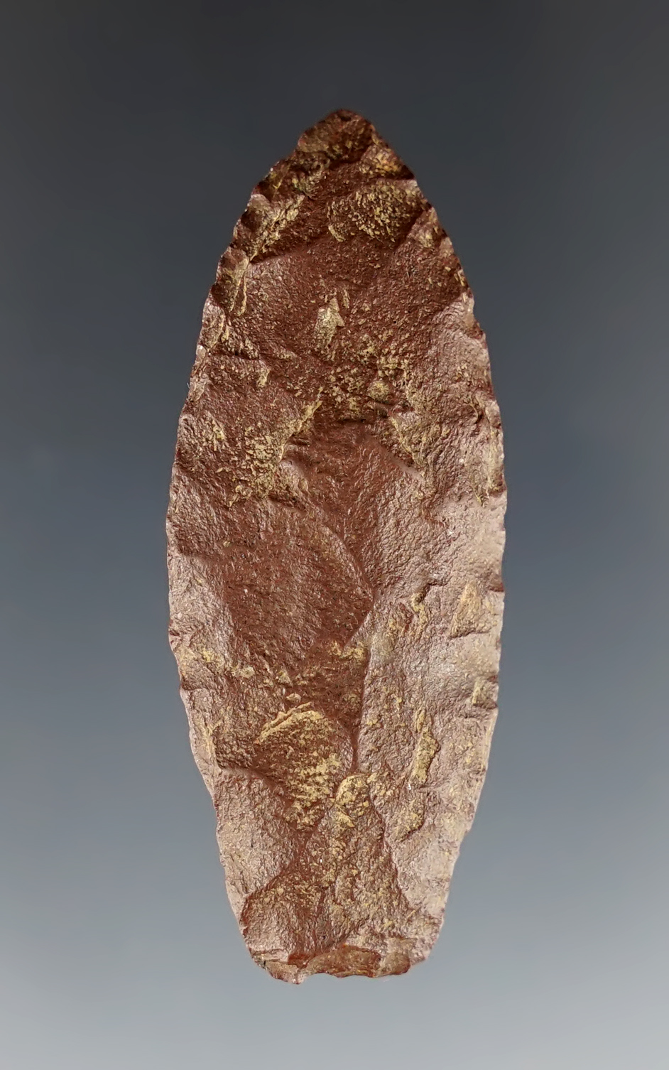 2 1/8" Paleo Spedis made from patinated brown Jasper. Found in Malheur Co., Oregon.