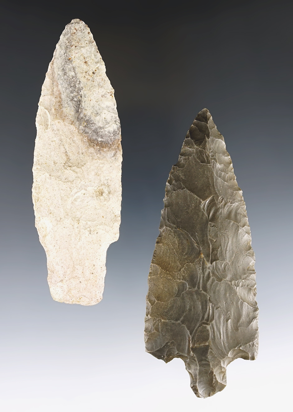 Pair of nicely made Logan Co., Ohio points. Both are Ex. Len Weidner.