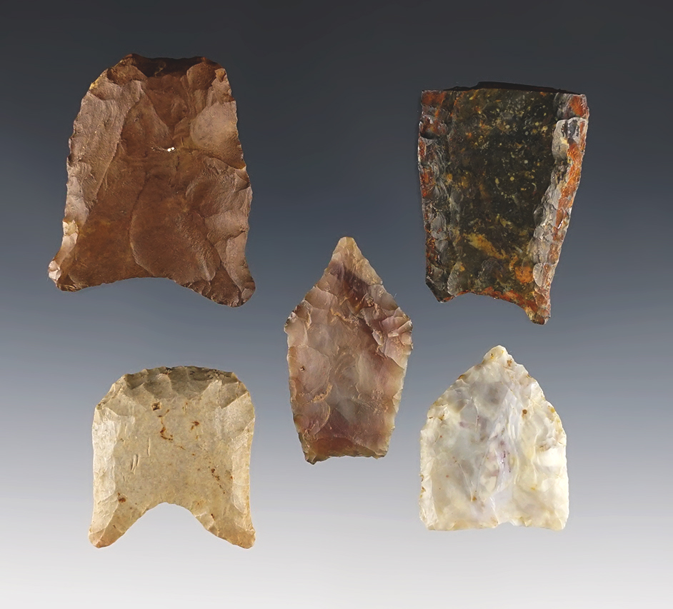 Set of 5 Ohio and Kentucky Paleo points. The largest is 1 1/2".