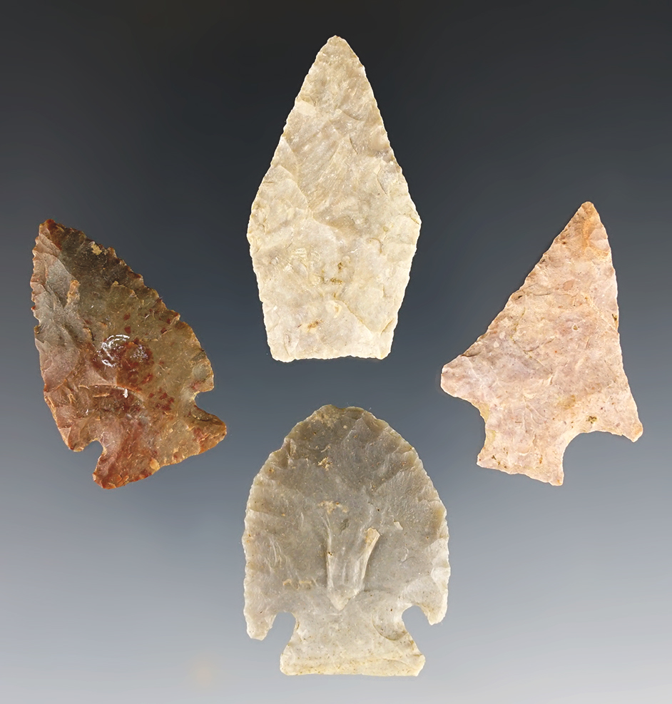 Set of four well made Kentucky points found by Charlie Long. The largest is 1 11/16".