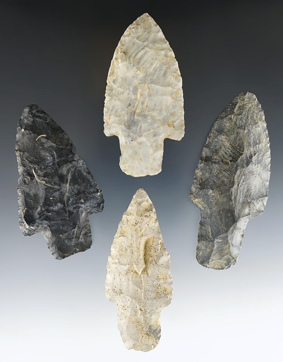 Set of four nicely made Ohio Adena points in excellent condition. The largest is 3 3/16".