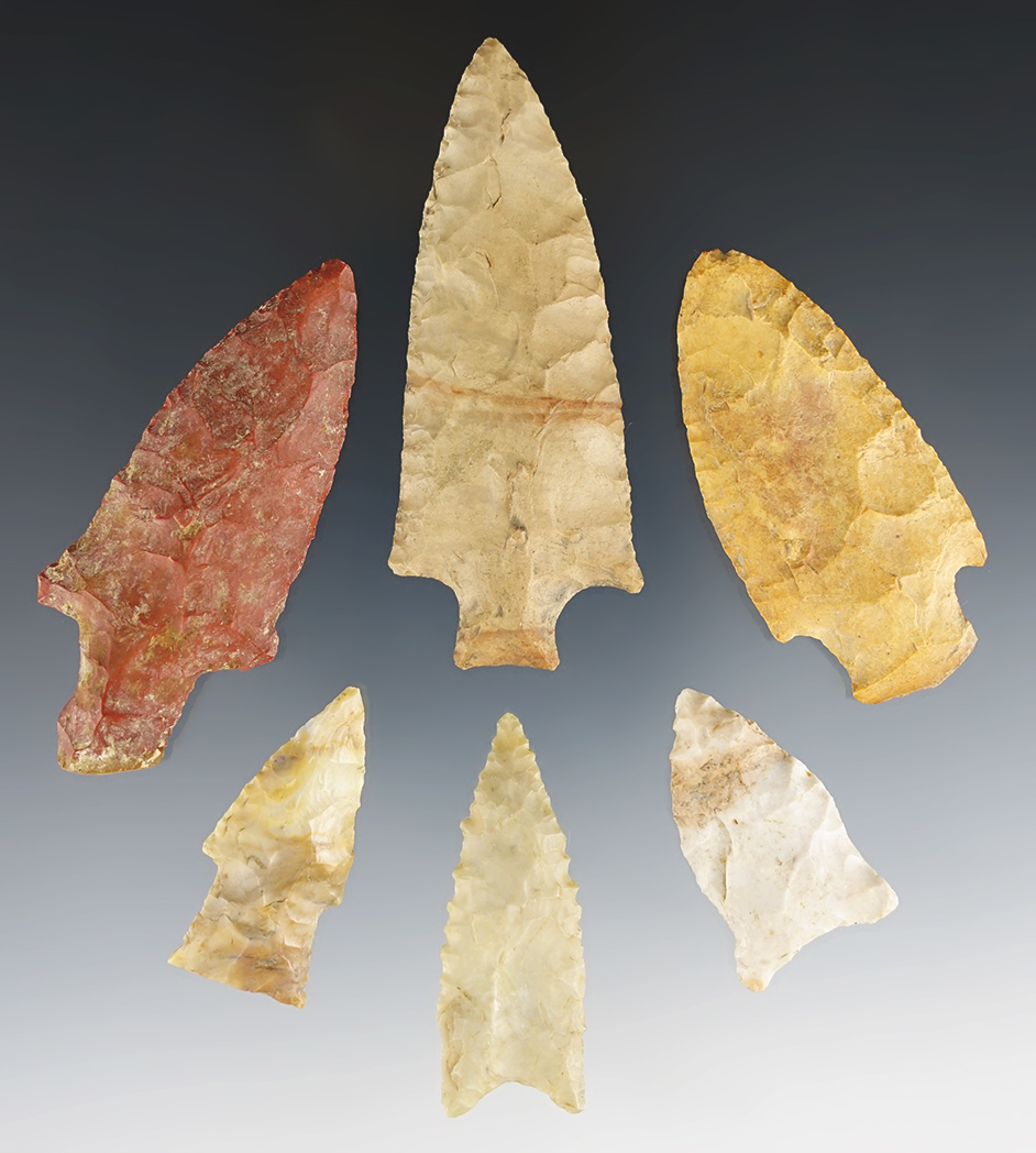Set of 6 nice points found in Arkansas, Mississippi and Illinois. The largest is 3". COA's.